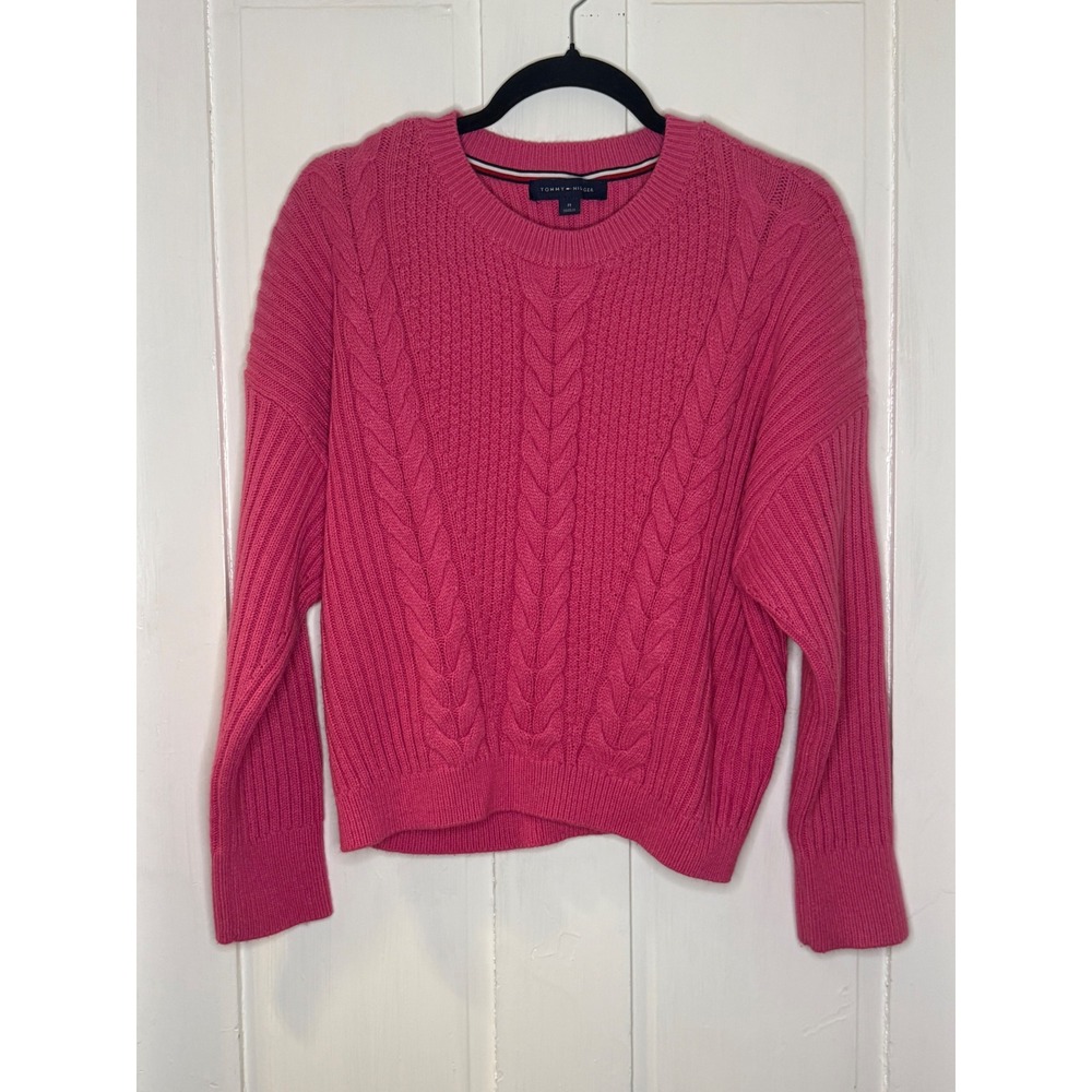 Tommy Hilfiger Sweater Womens Medium Pink Cable Knit Crewneck Pullover
